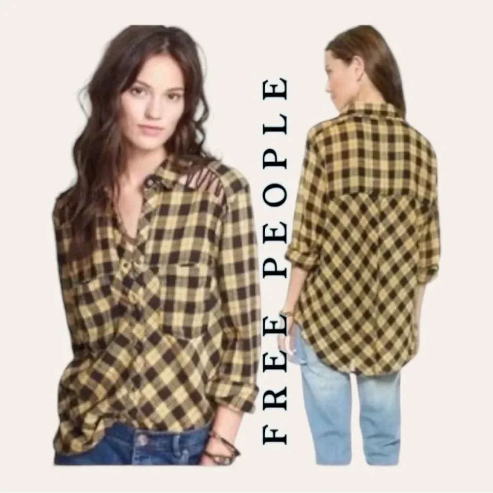 0435. FREE PEOPLE FLANNEL PLAID YELLOW AND BLACK SIZE SMALL